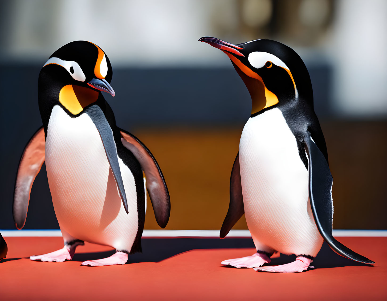 King Penguins Standing Together on Red Surface