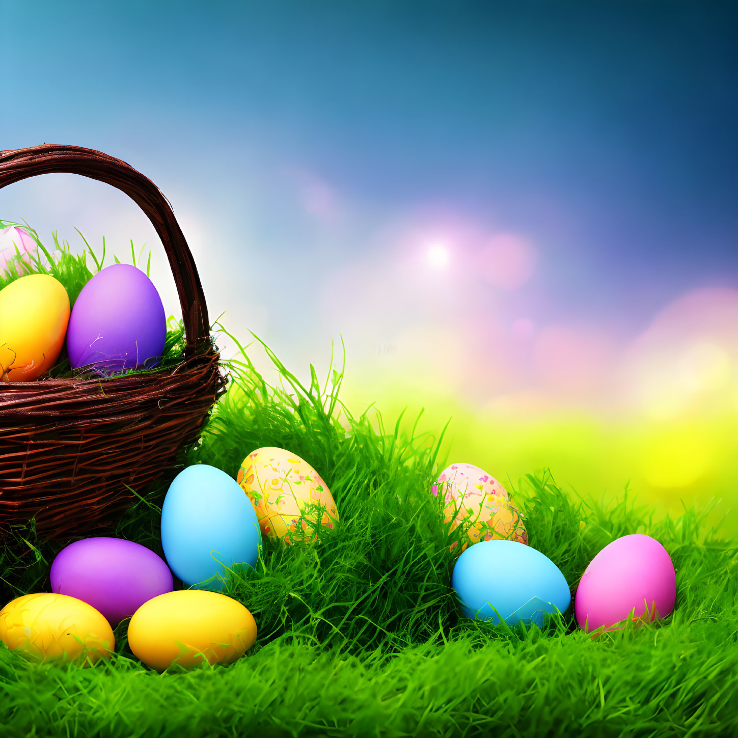 Vibrant Easter eggs in wicker basket on green grass with pastel sky