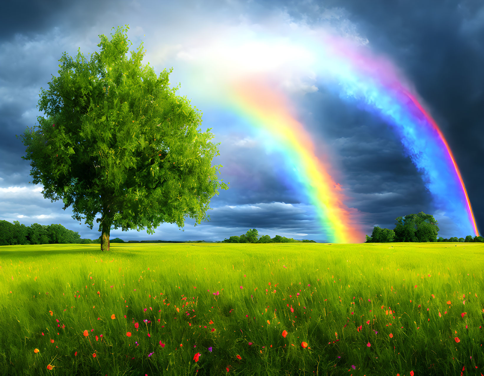 Double Rainbow Over Lush Meadow with Tree in Stormy Sky