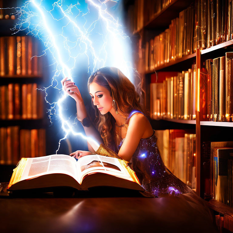 Woman reading glowing book with magical blue lightning in library