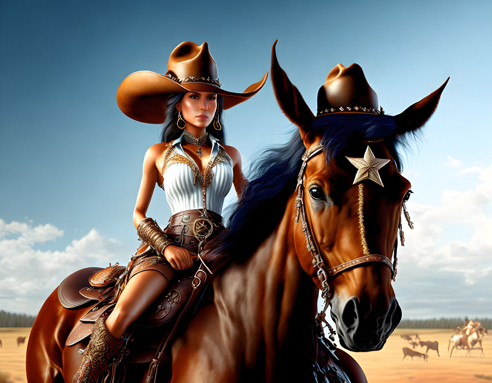 Cowboy woman on horse in open plains with galloping horses