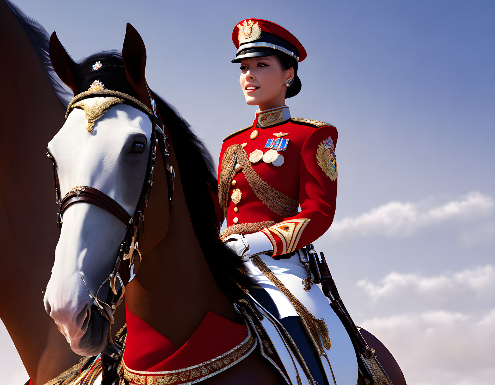 Female Soldier in Red Ceremonial Uniform Riding White Horse under Cloudy Sky