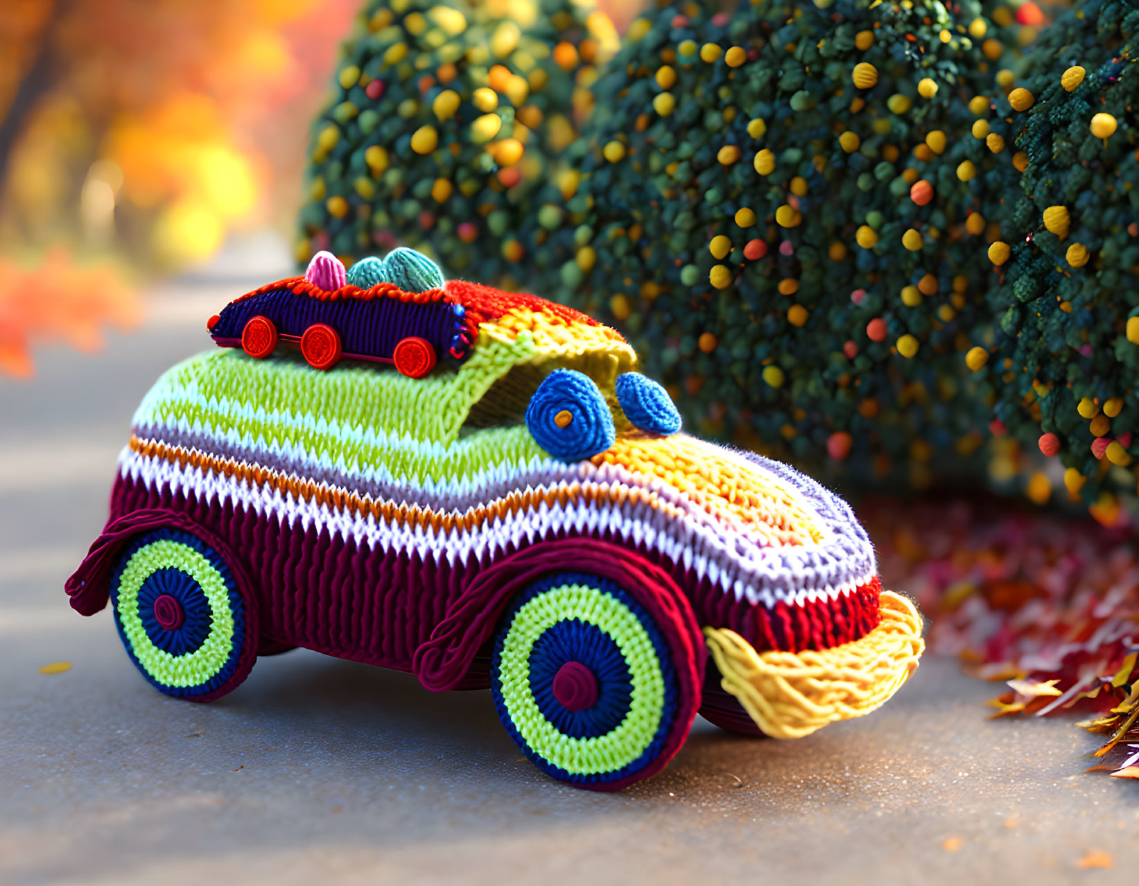 Colorful Knitted Toy Car with Vibrant Stripes and Patterns on Pavement with Autumn Leaves and