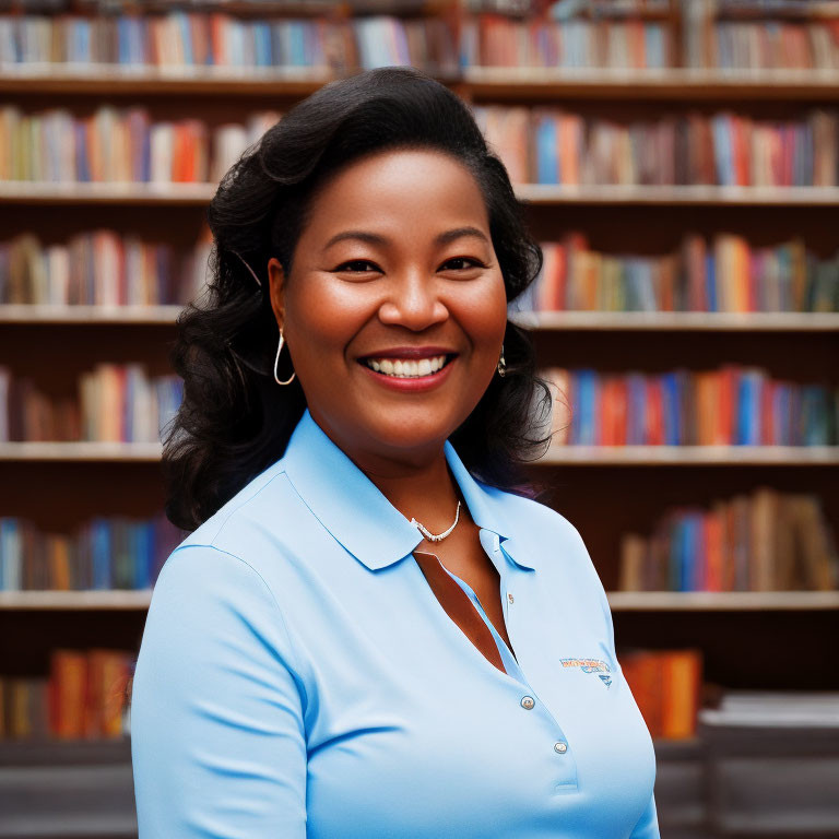 Smiling woman with curly hair in blue shirt by colorful bookshelf