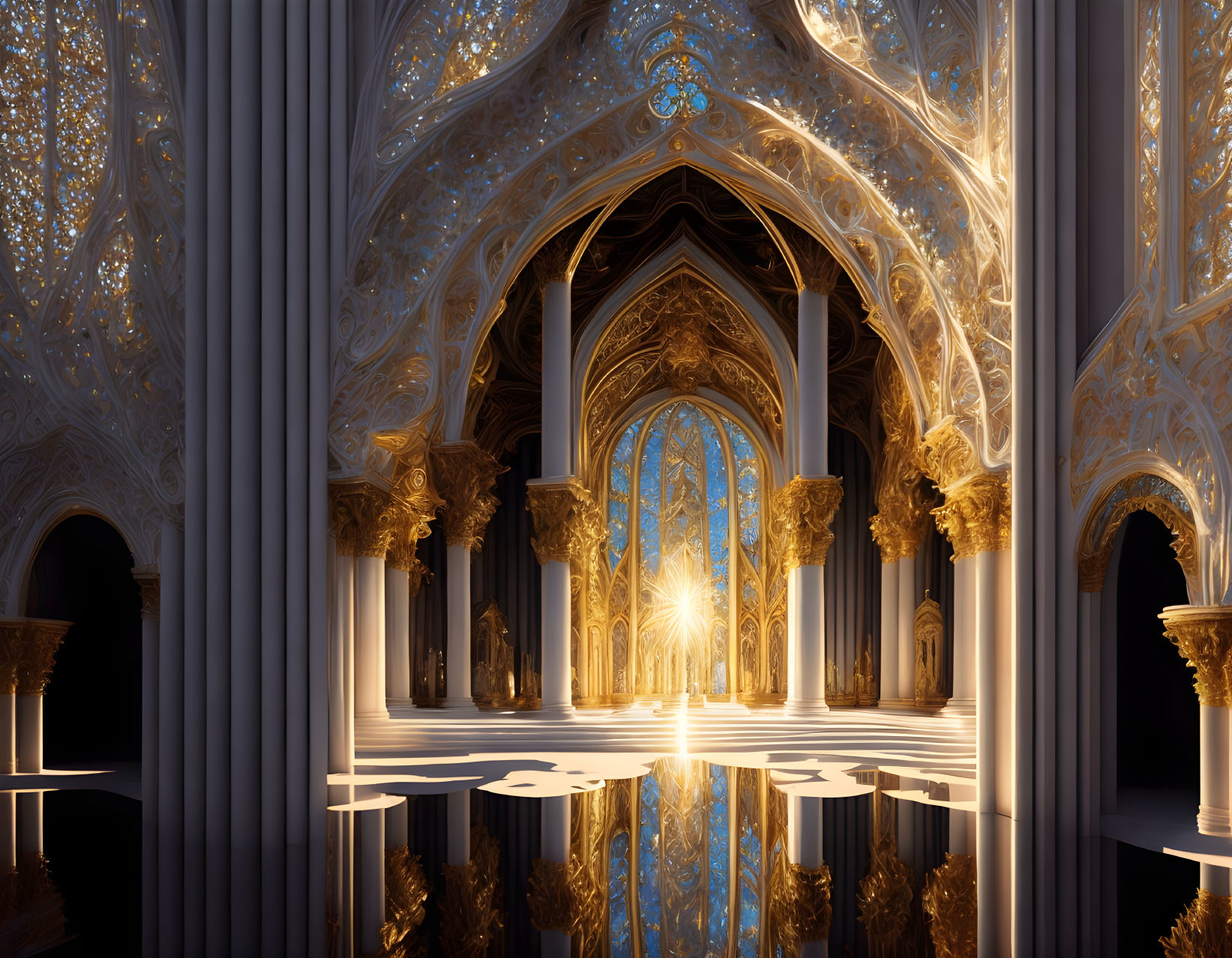 Gothic Cathedral Interior with Ribbed Vaults and Stained Glass