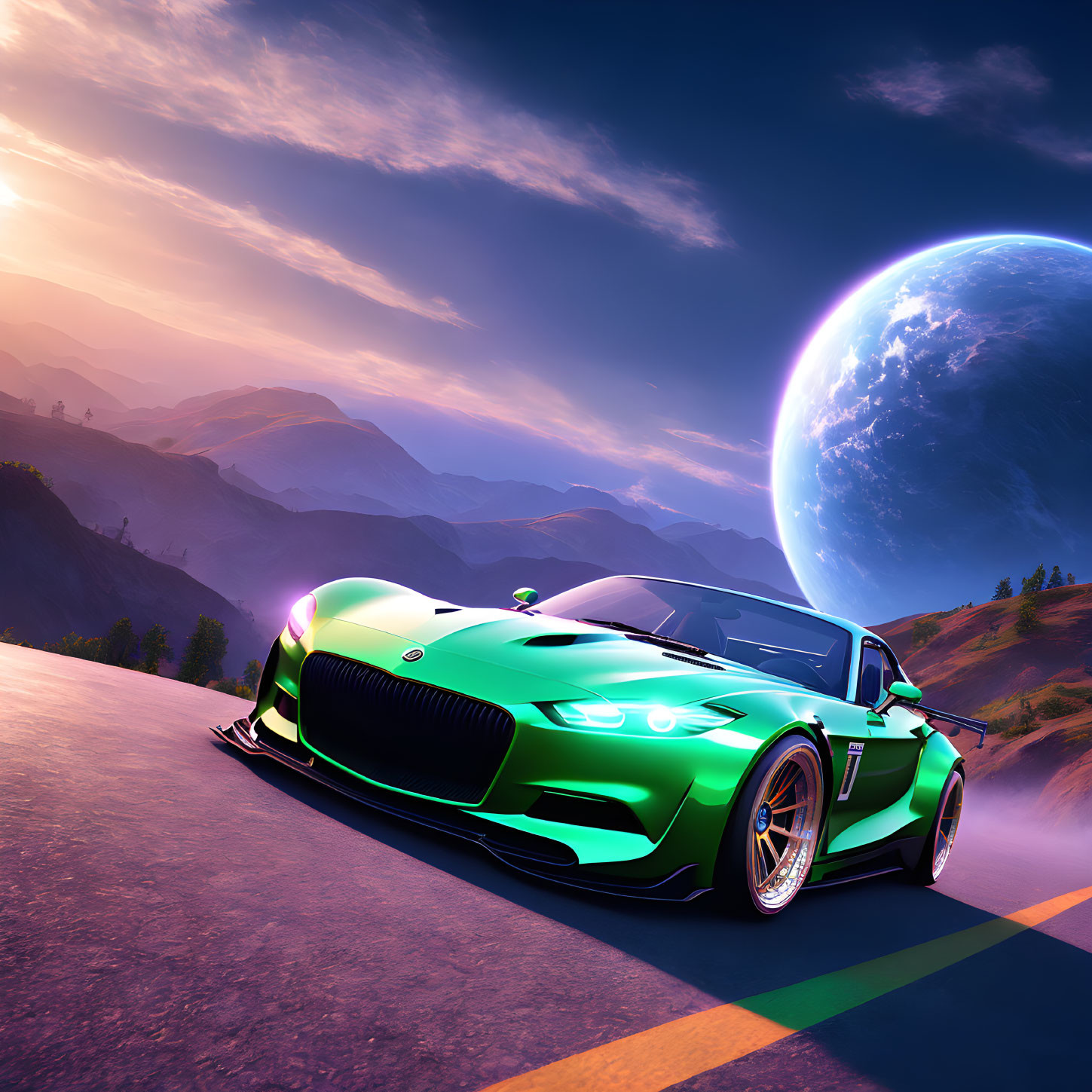 Green sports car on mountain road with large moon in dusk sky