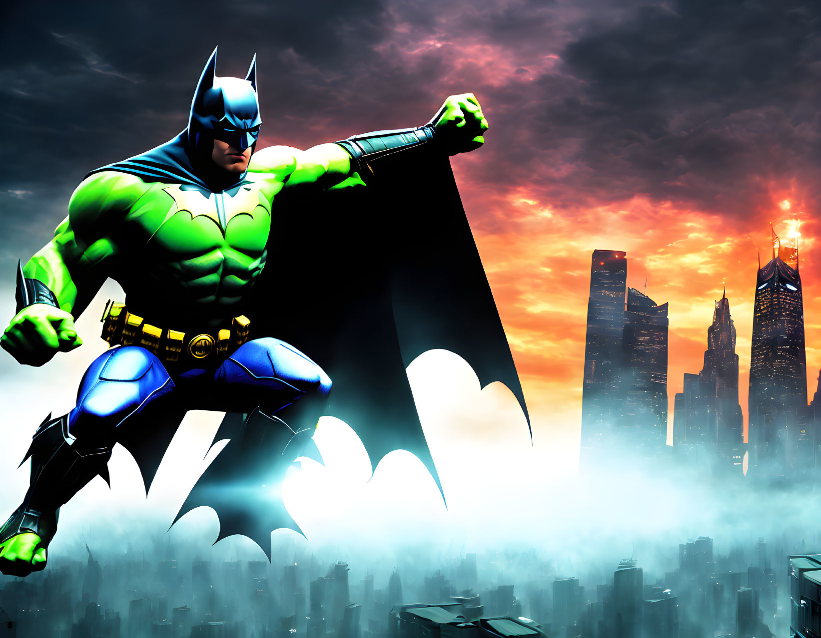 Stylized Batman illustration in dynamic pose at dusk