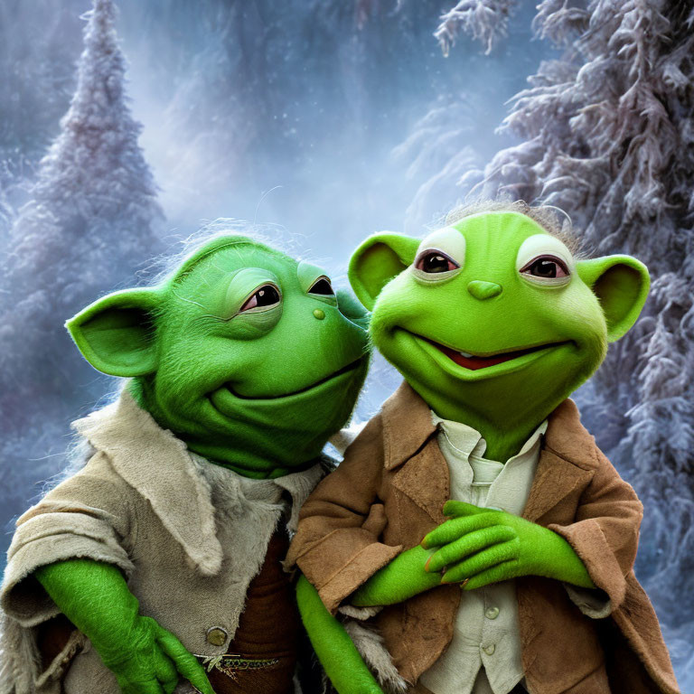 Green-skinned puppets in earth-toned attire against snowy forest.