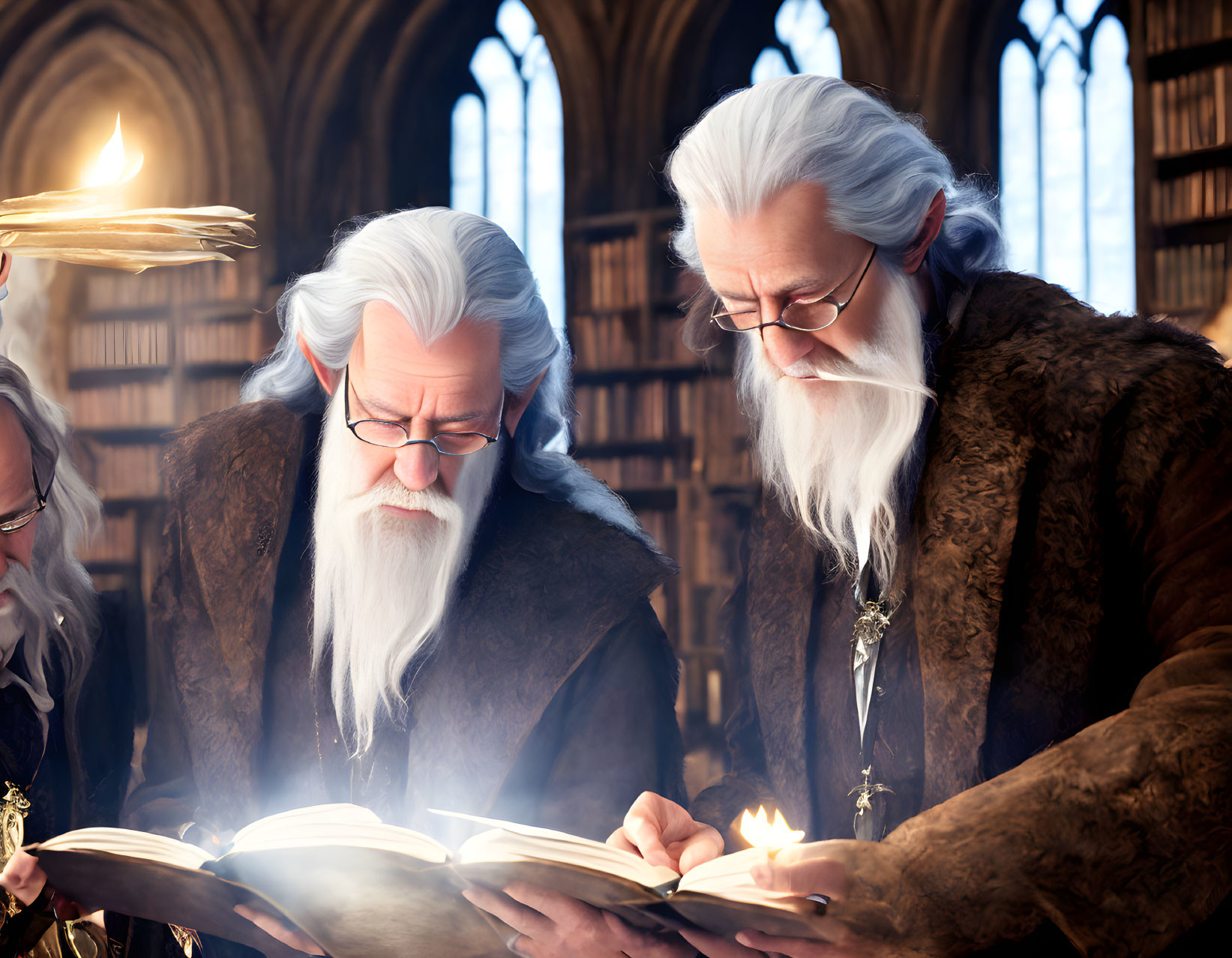 Elderly wizards reading old book in candlelit library