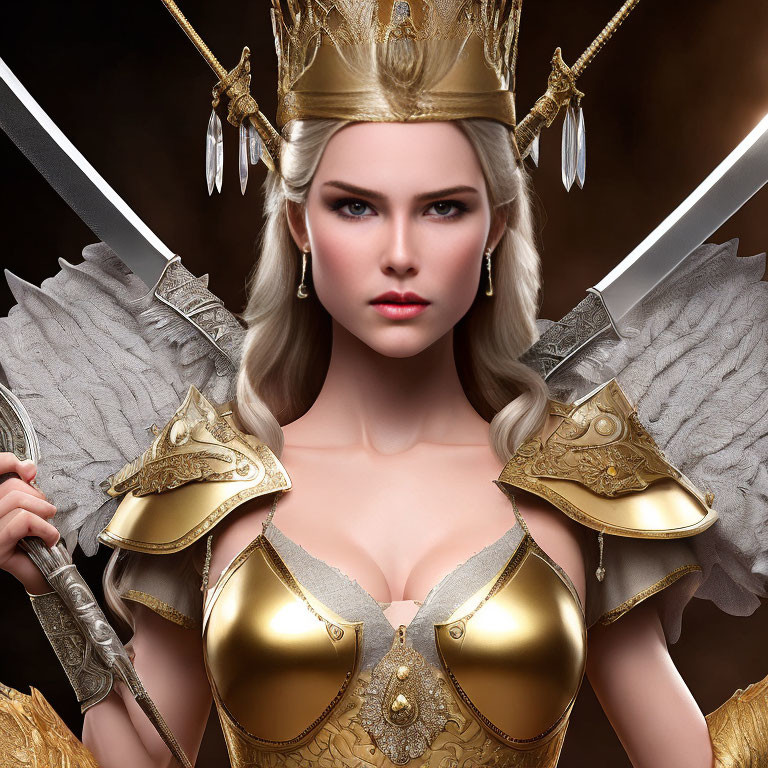 Regal woman with golden crown, armor, sword, and angelic wings on dark background