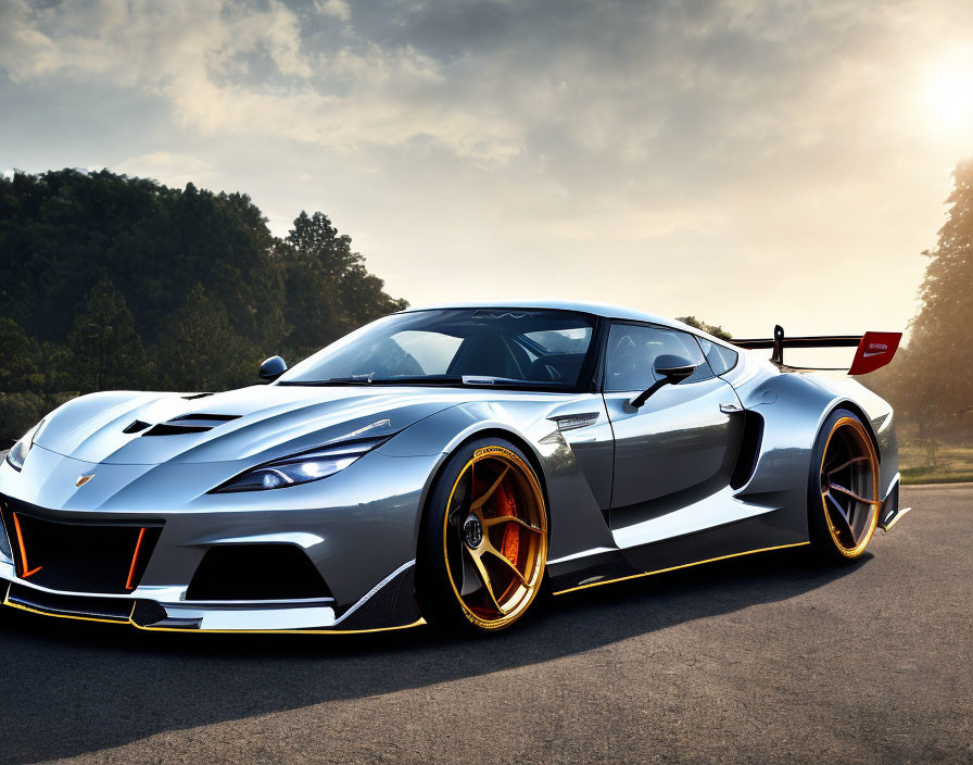 Silver Sports Car with Orange and Black Trim, Rear Wing, and Orange-Rimmed Wheels at Sunrise