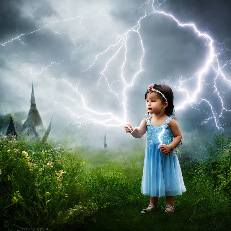 Young Girl in Blue Dress Stands in Misty Field with Lightning Strikes and Castle Spires