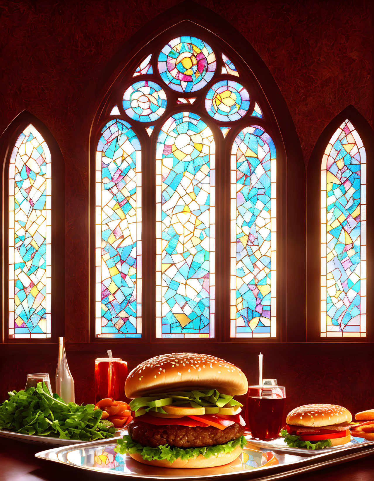 Colorful Stained Glass Window Featuring Fast-Food Feast