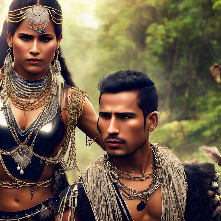 Man and woman in tribal attire display strength in forest setting