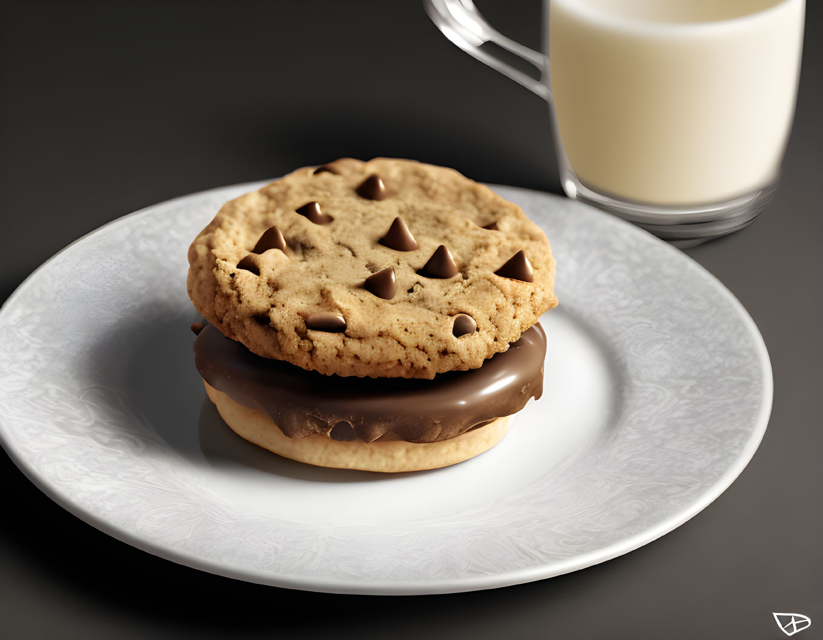 Chocolate-dipped cookie sandwich with milk on ornate plate