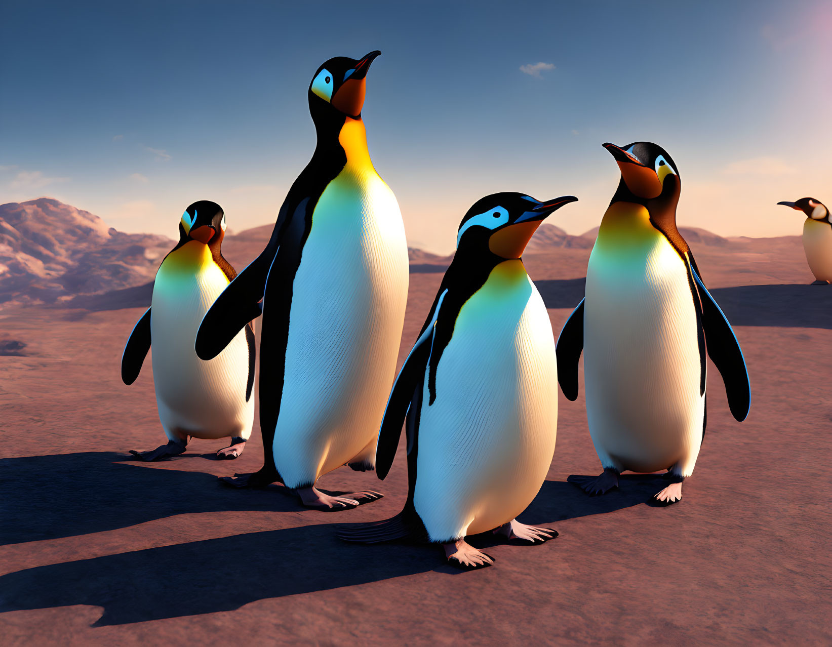 Cartoon penguins in desert landscape with mountains and blue sky