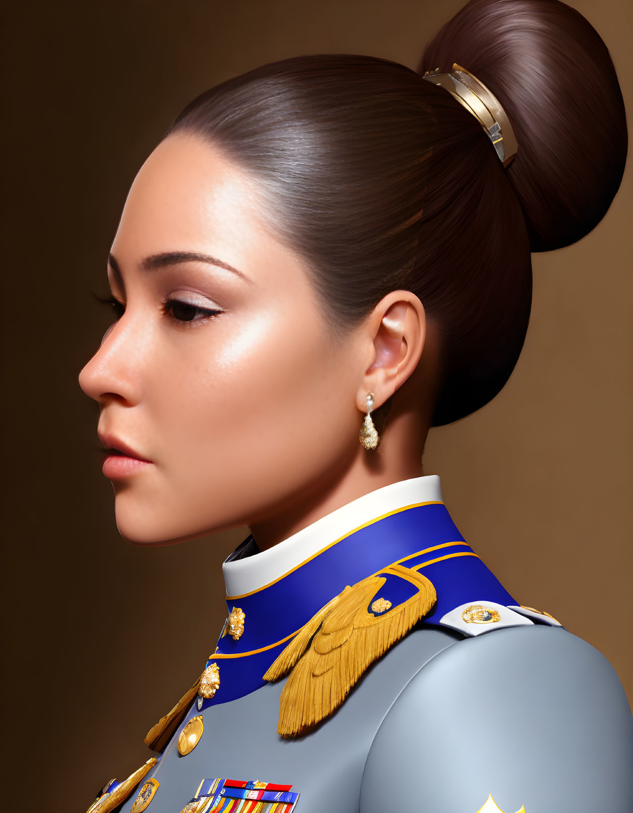 Profile view digital artwork: woman in military uniform with medals, sleek bun hairstyle.