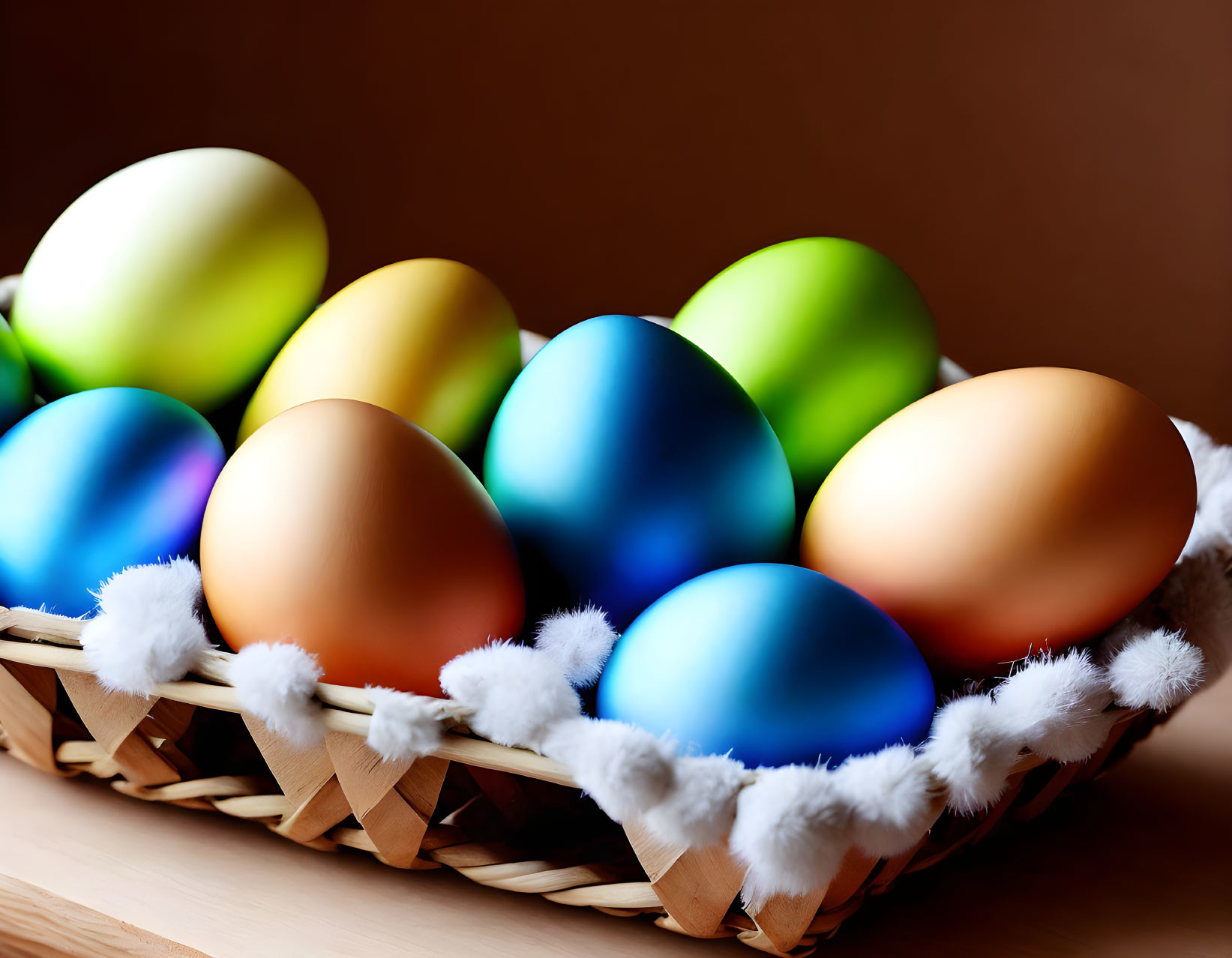 Colorful dyed Easter eggs in basket on brown background