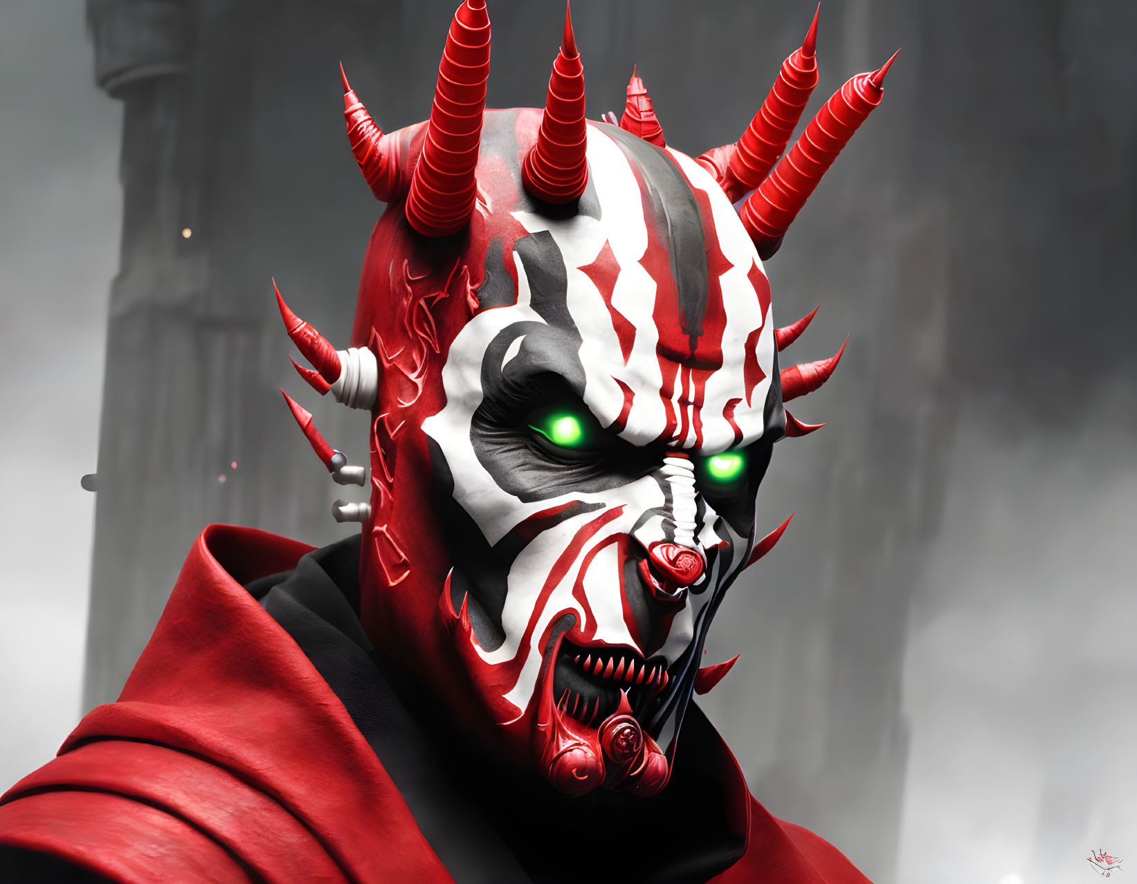 Red and White Demon Mask Figure in Cloak on Misty Gray Background