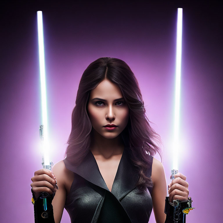 Woman holding crossed illuminated lightsabers on purple gradient background