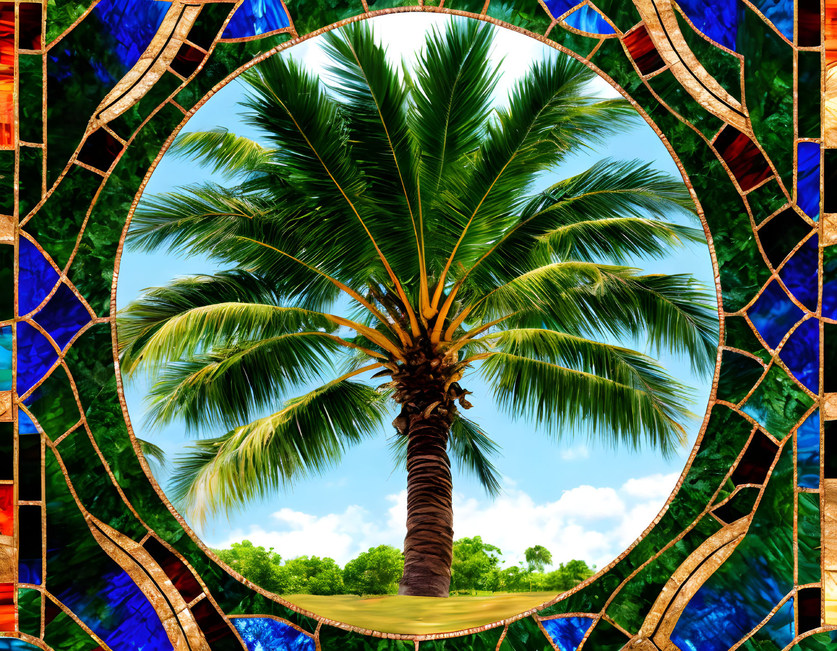 Colorful Blue and Green Mosaic Frame with Palm Tree and Sky View