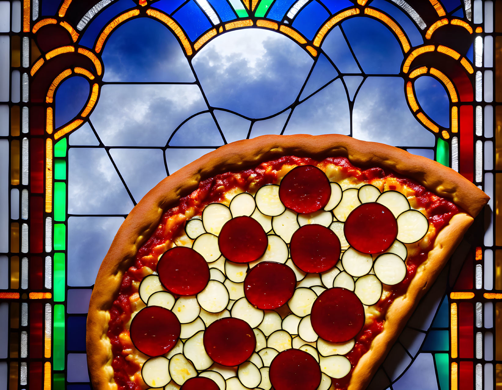 Pepperoni and Mozzarella Pizza by Stained Glass Window