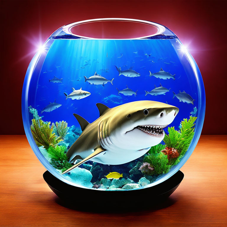 Surreal oversized shark in fishbowl with fish and coral on wooden surface