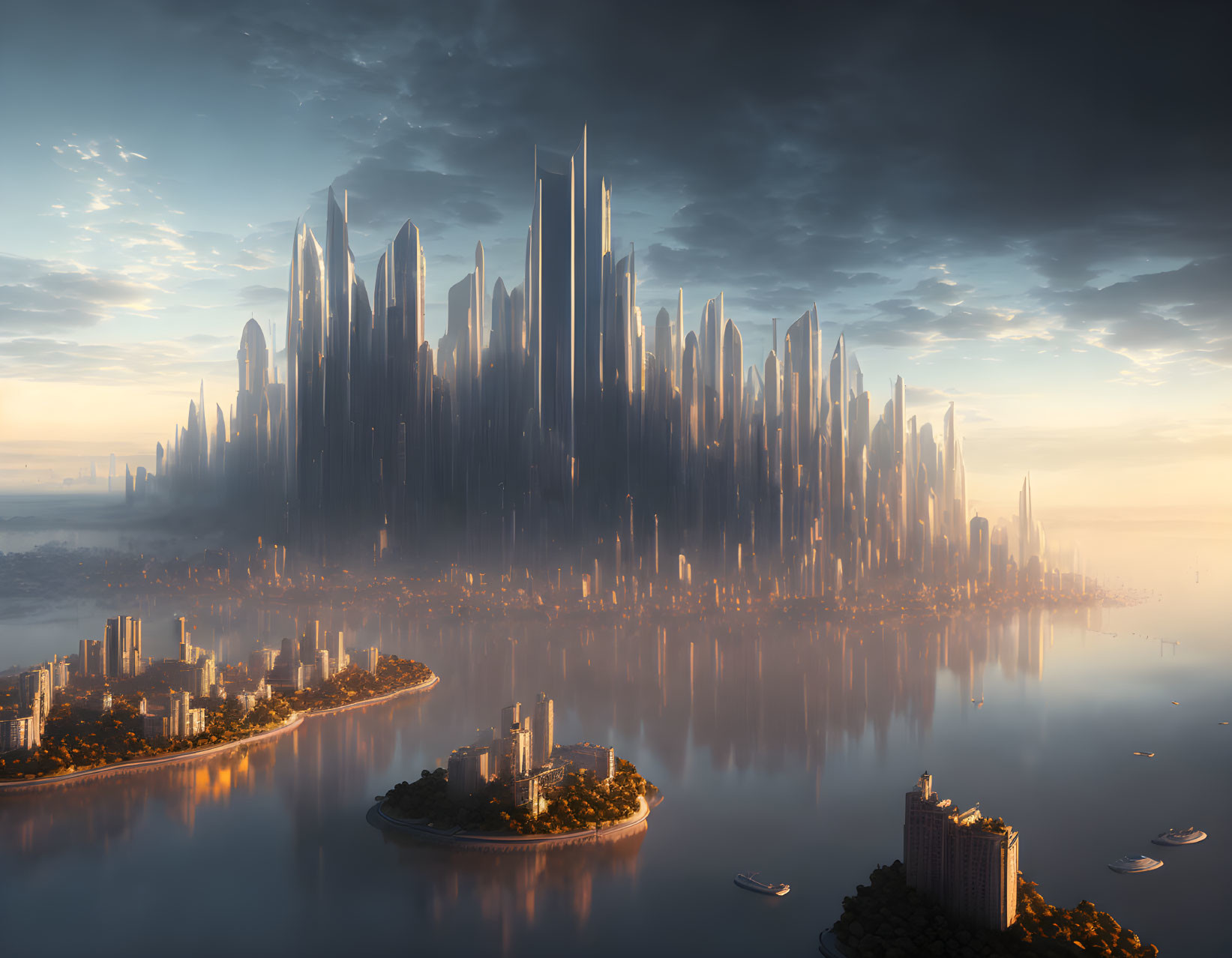 Futuristic city skyline with mist, water, boats, and dramatic sky