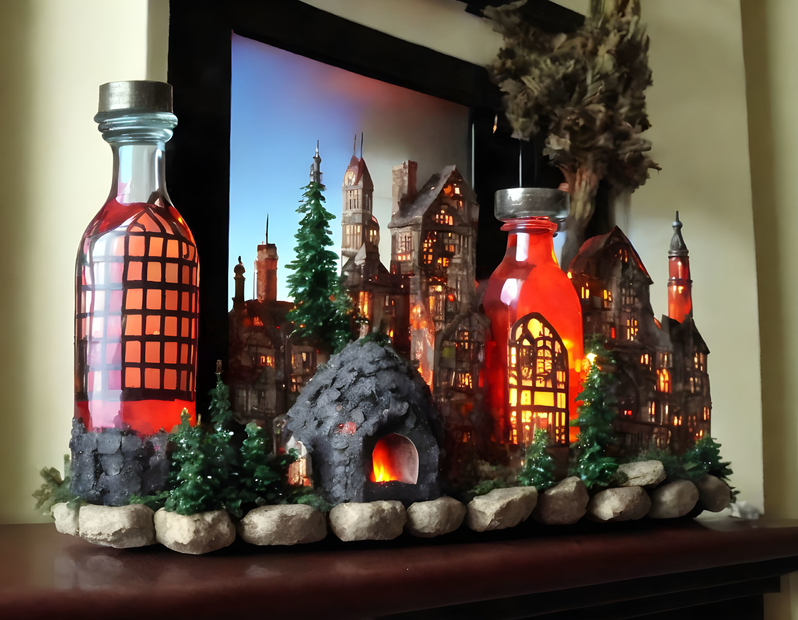 Festive Mantel Decor with Miniature Buildings and Trees