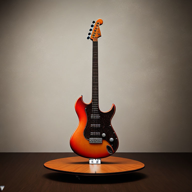 Vibrant orange electric guitar on wooden stand against gray background