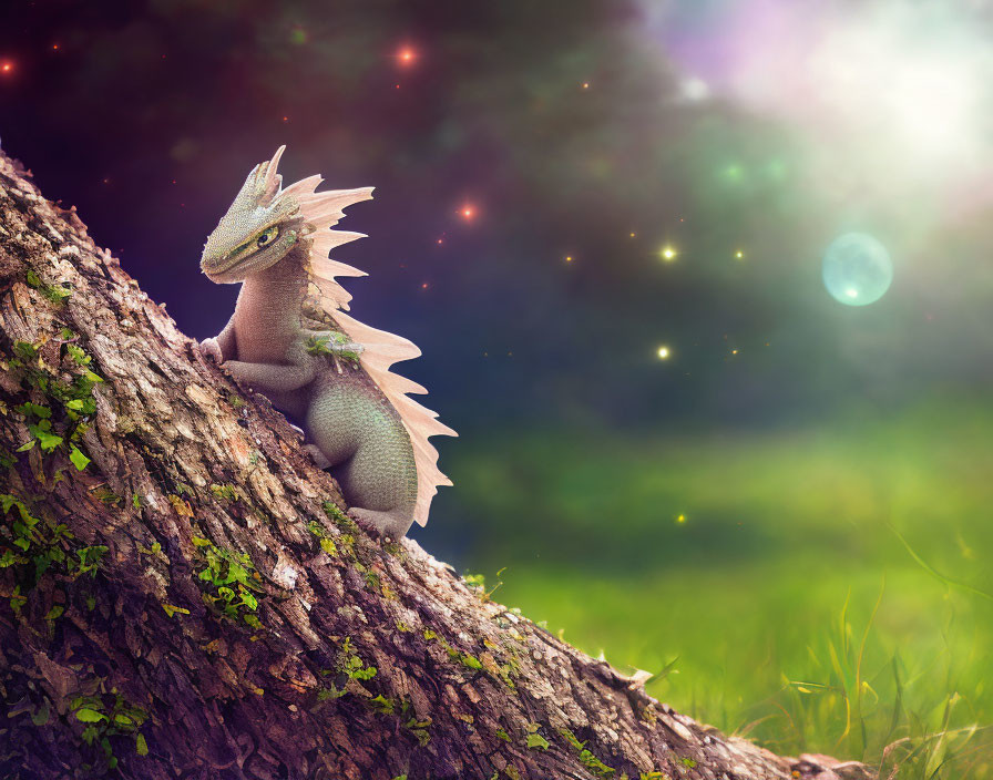 Whimsical dragon on tree trunk in magical forest