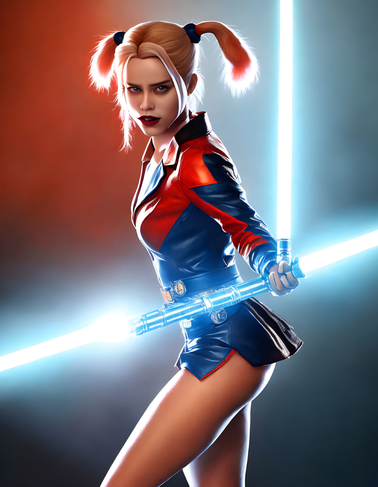 Blonde twin ponytails female character with blue lightsaber in sci-fi outfit