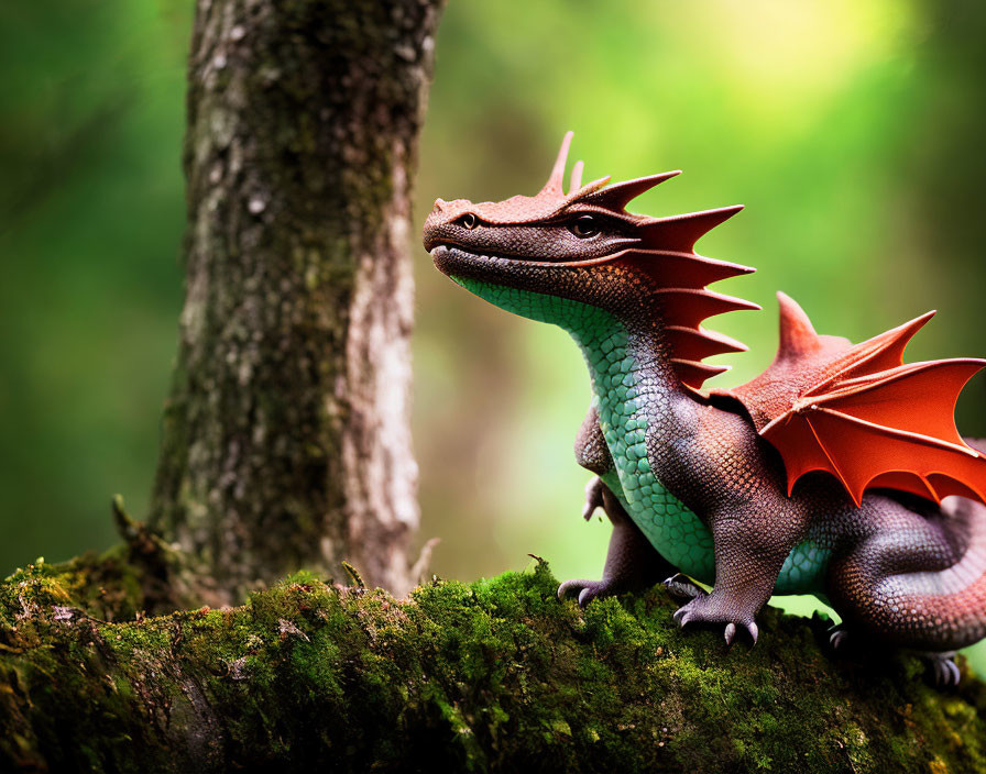 Detailed Toy Dragon with Red Wings Perched on Mossy Log in Green Forest