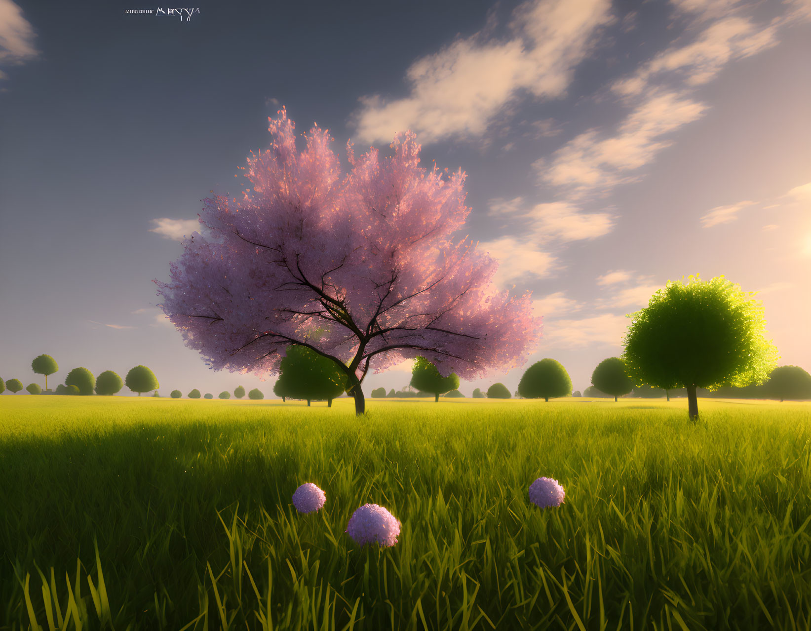 Tranquil Landscape with Pink Cherry Blossom Tree and Sunrise