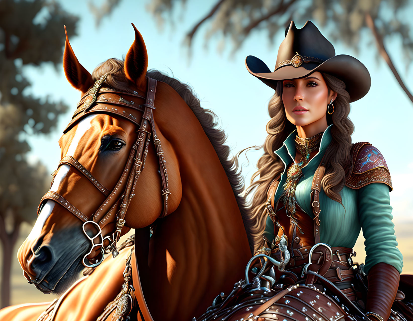 Detailed illustration of woman in cowboy outfit on chestnut horse in natural setting