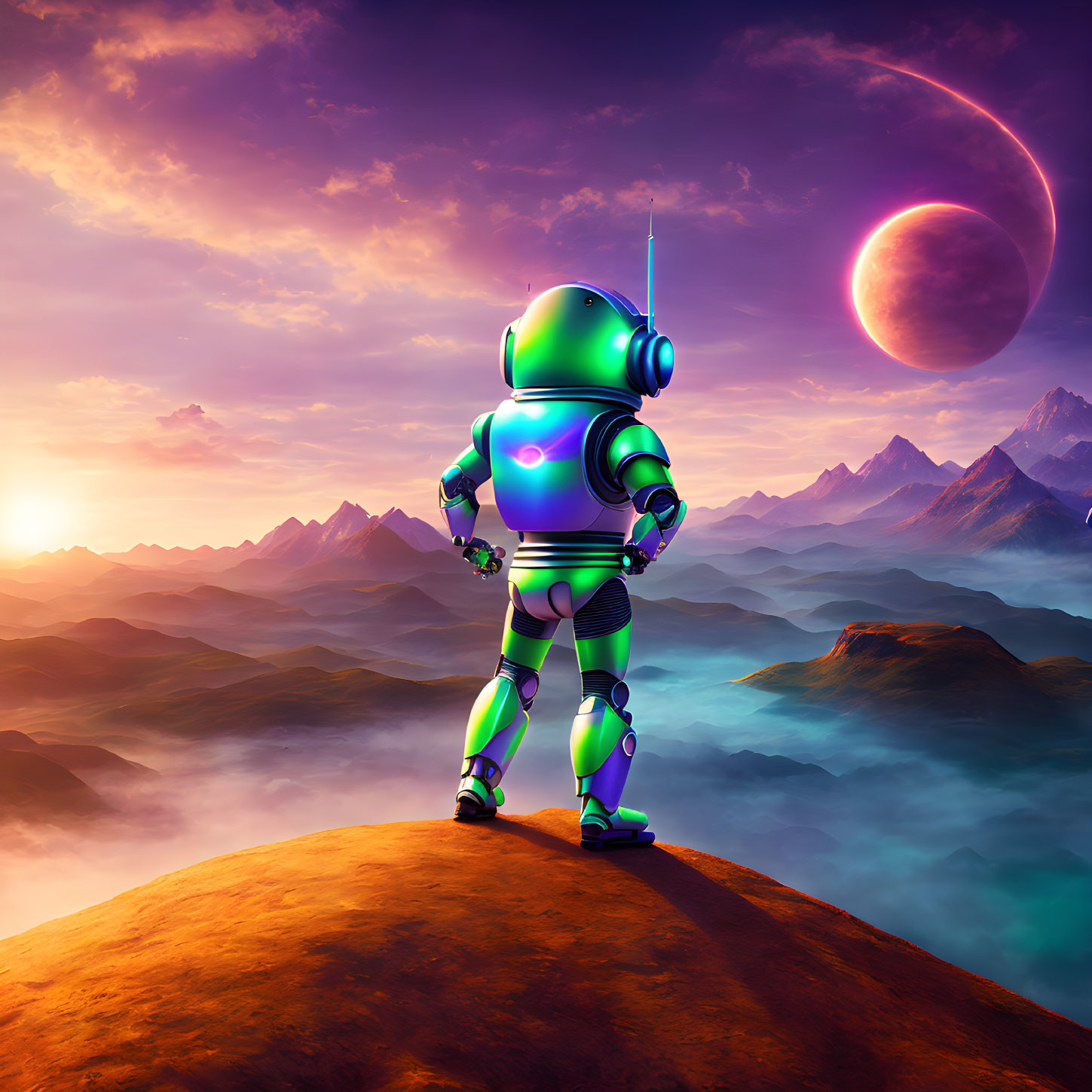 Futuristic robot on hill gazes at alien landscape with sunset and moon