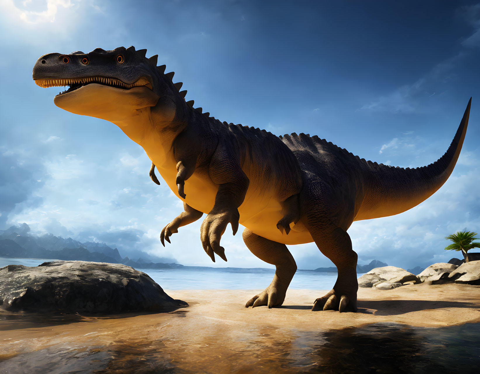 Large Tyrannosaurus Rex on rocky shore with dramatic sky & ocean