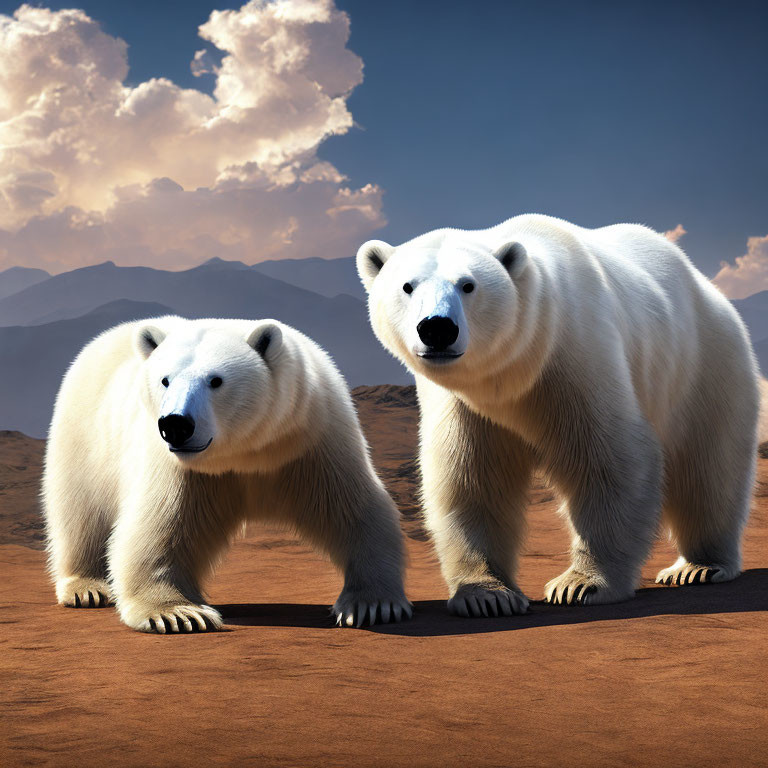 Polar bears in desert landscape under cloudy sky