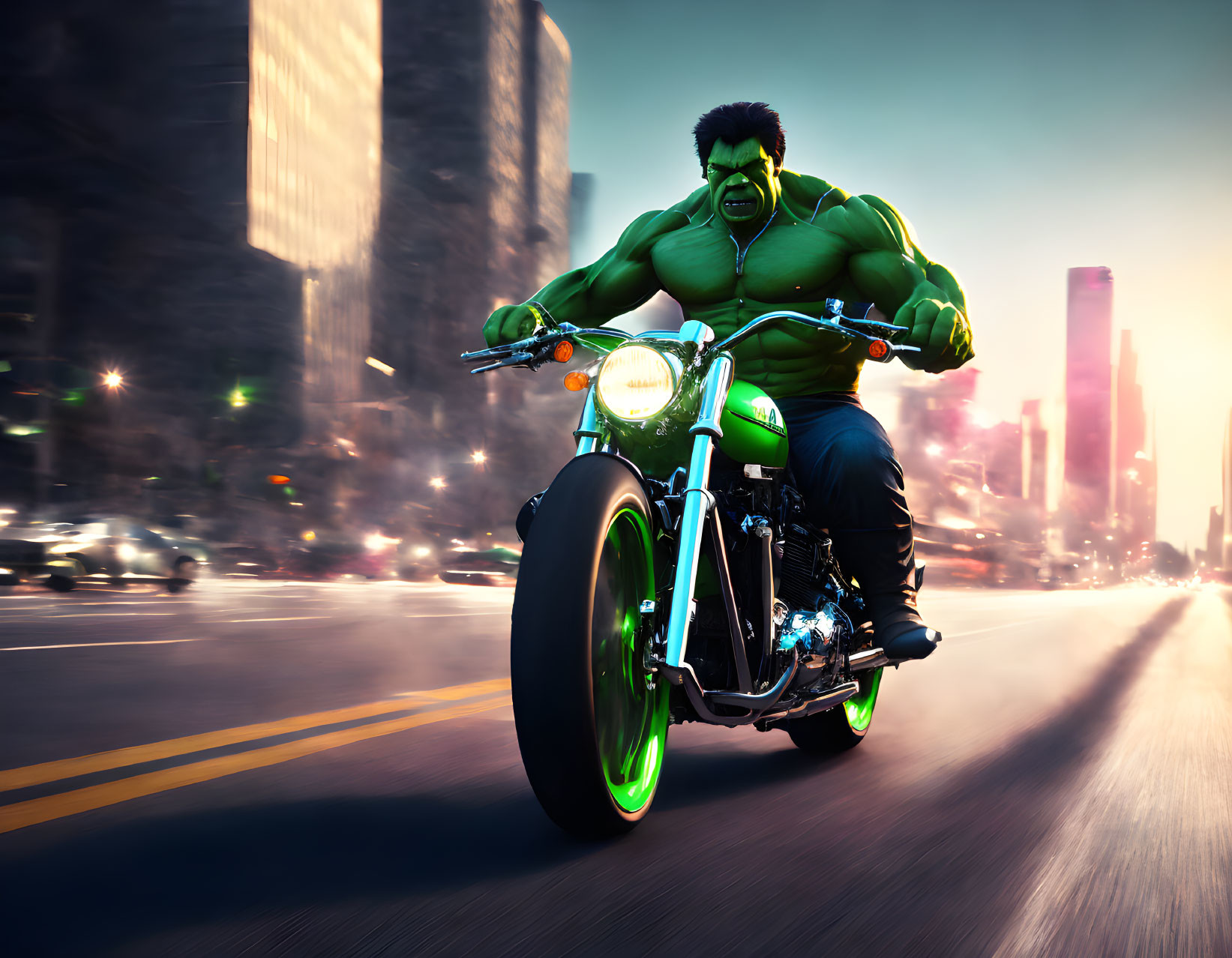 Muscular green-skinned figure on motorcycle speeds through city street