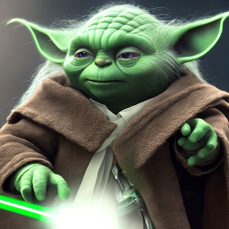 Detailed Illustration of Yoda with Green Lightsaber & Robe