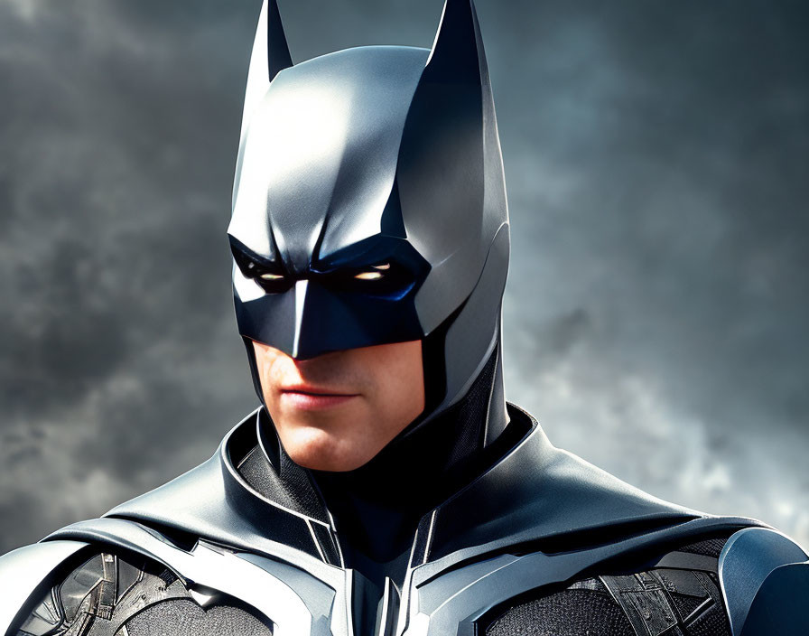 Realistic Batman costume close-up under cloudy sky