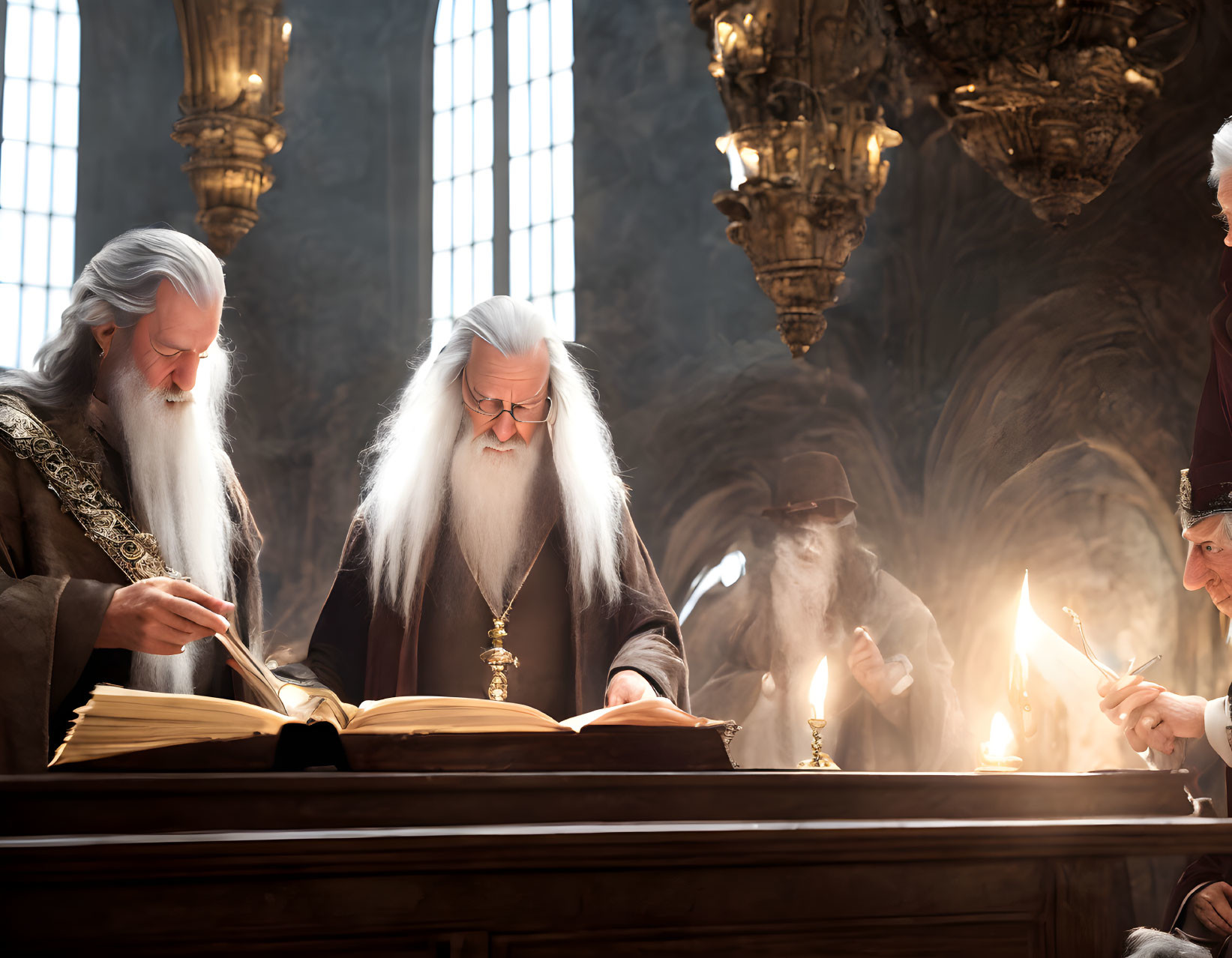 Bearded Wizards Reading Ancient Books in Ornate Hall