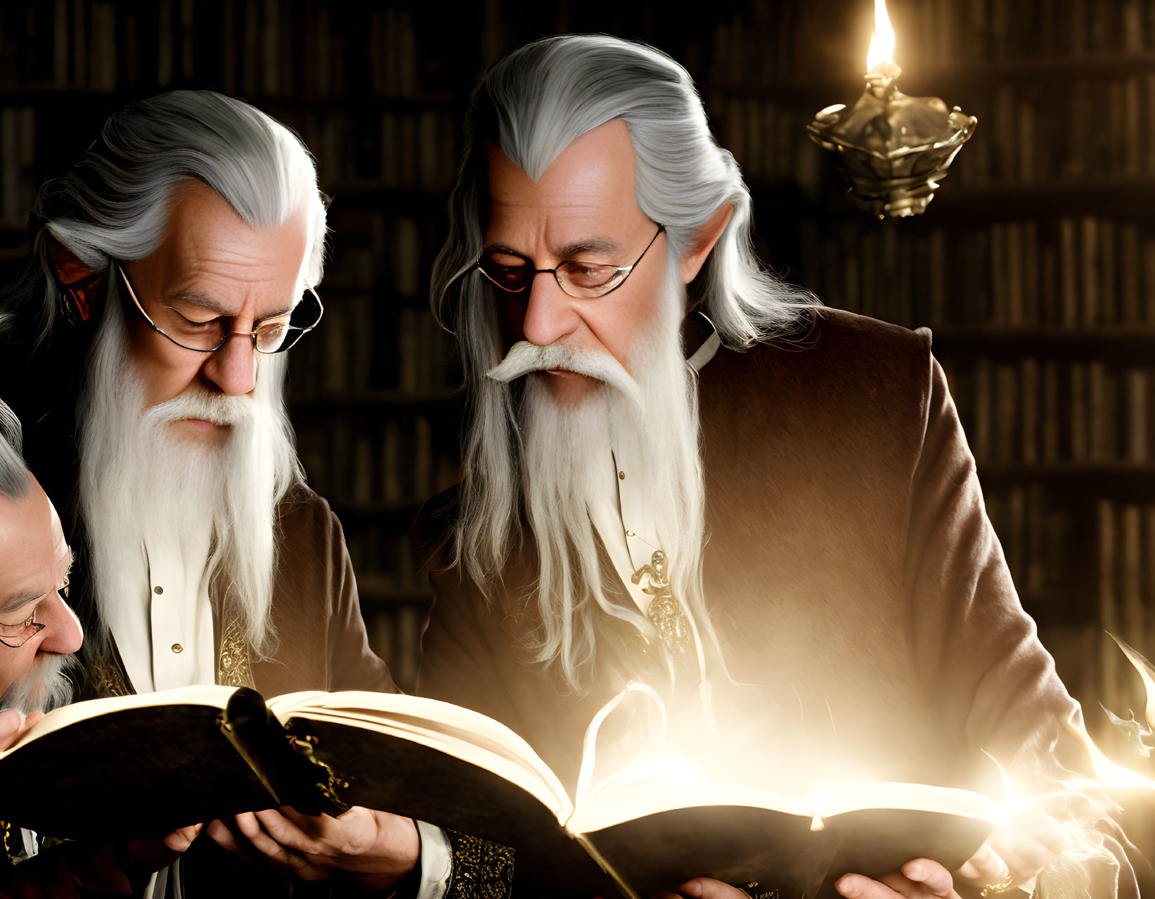 Three Bearded Wizards Examining Glowing Magical Tome