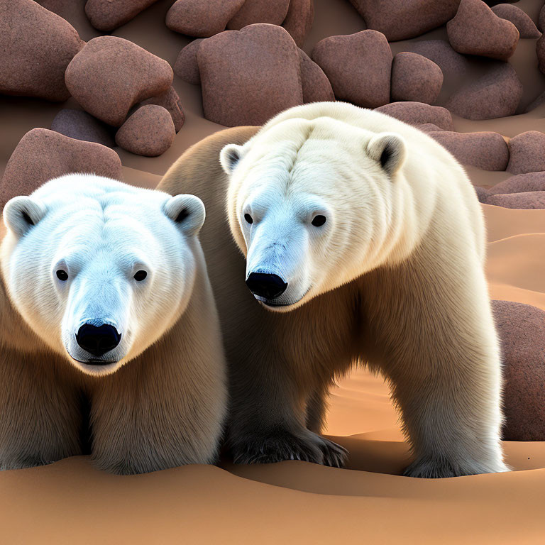 Realistic fur polar bears on sandy rocky background