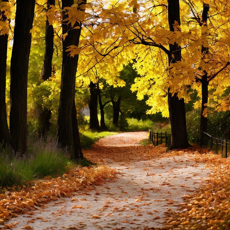 Tranquil Autumn Path with Golden Leaves and Wooden Fence