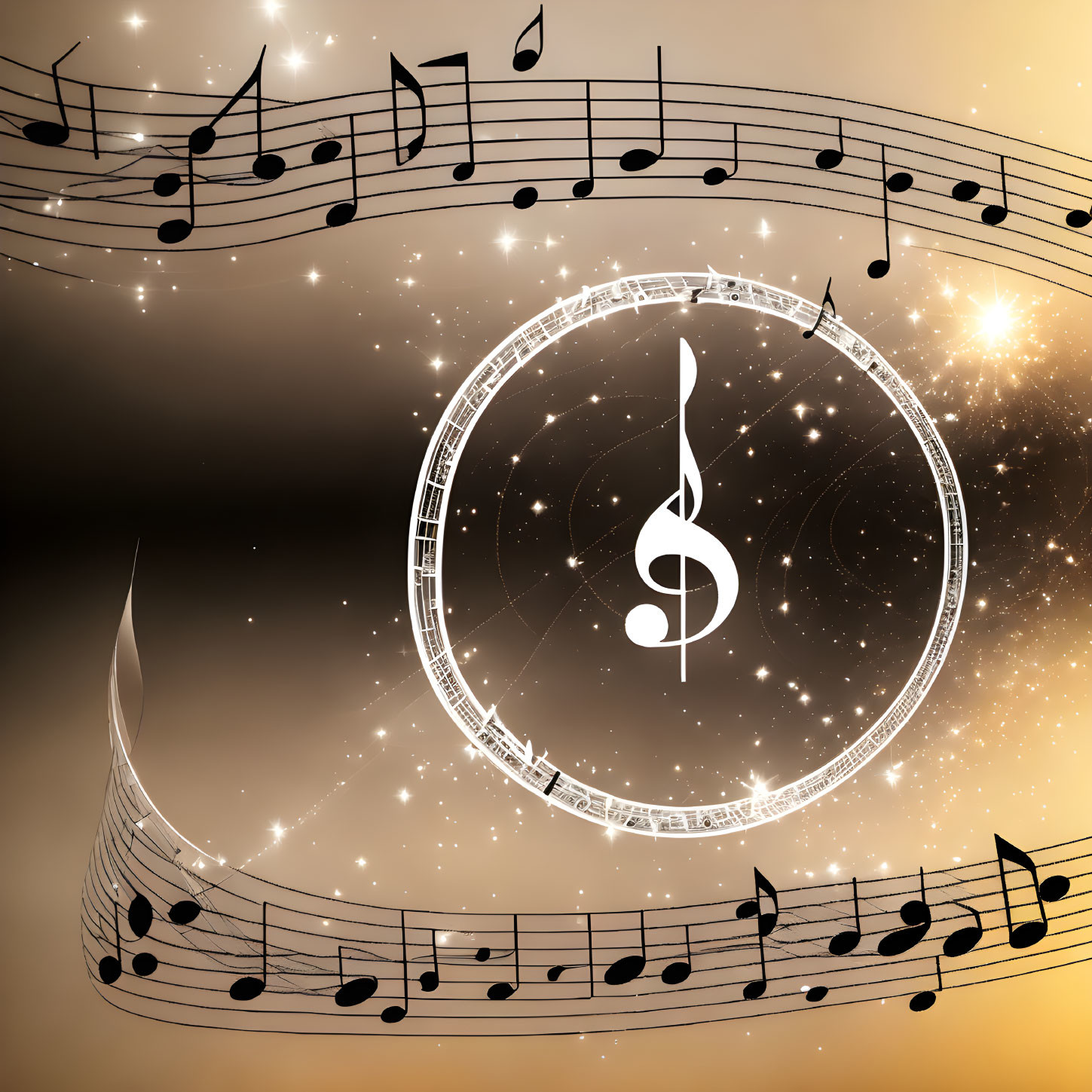 Musical notes and clef on golden background with lights