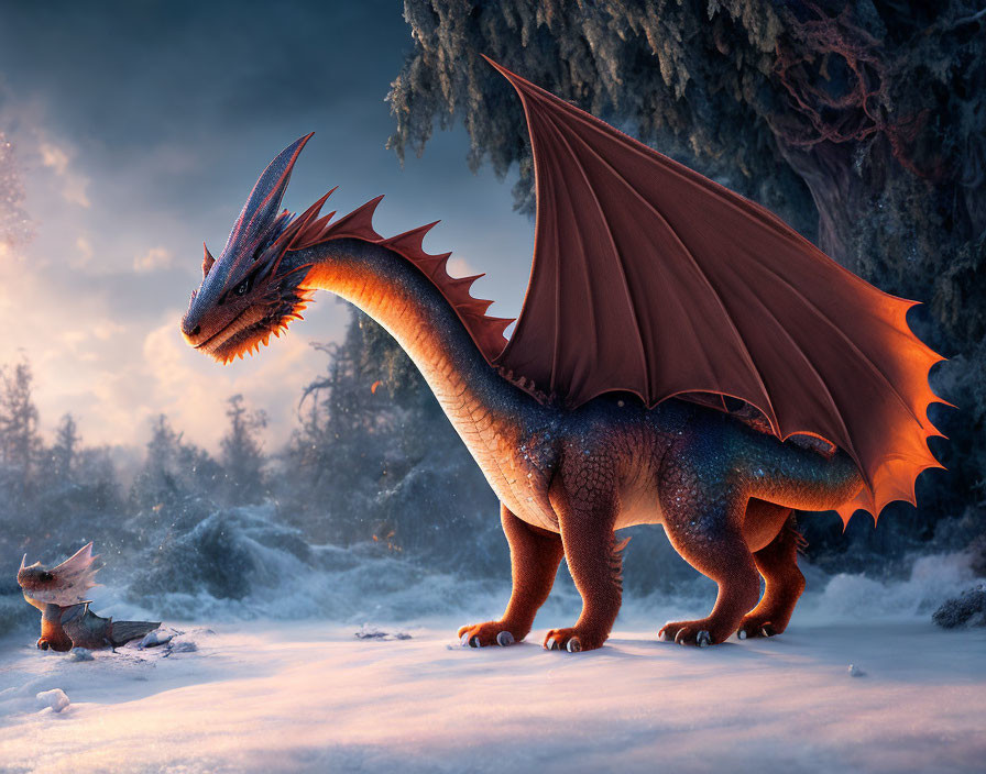 Red dragon with wings extended in snowy forest with smaller dragon.