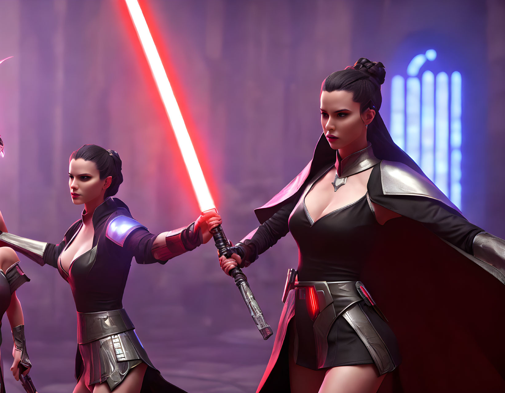 Sci-fi female characters in dark combat attire with red lightsabers