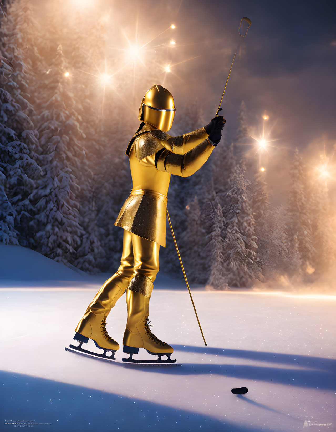 Person ice skating in gold suit and helmet playing hockey in snowy forest setting.