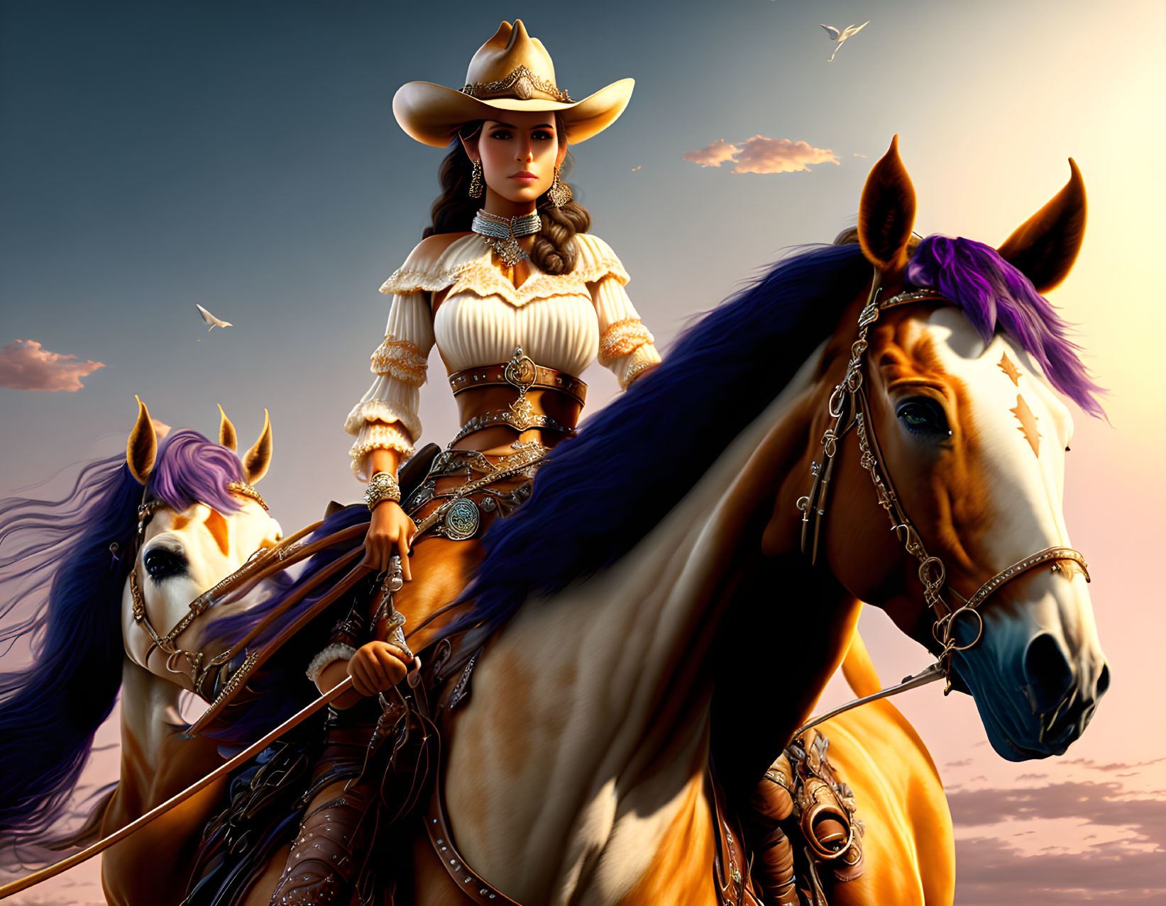 Cowgirl riding horse at sunset with second horse in background